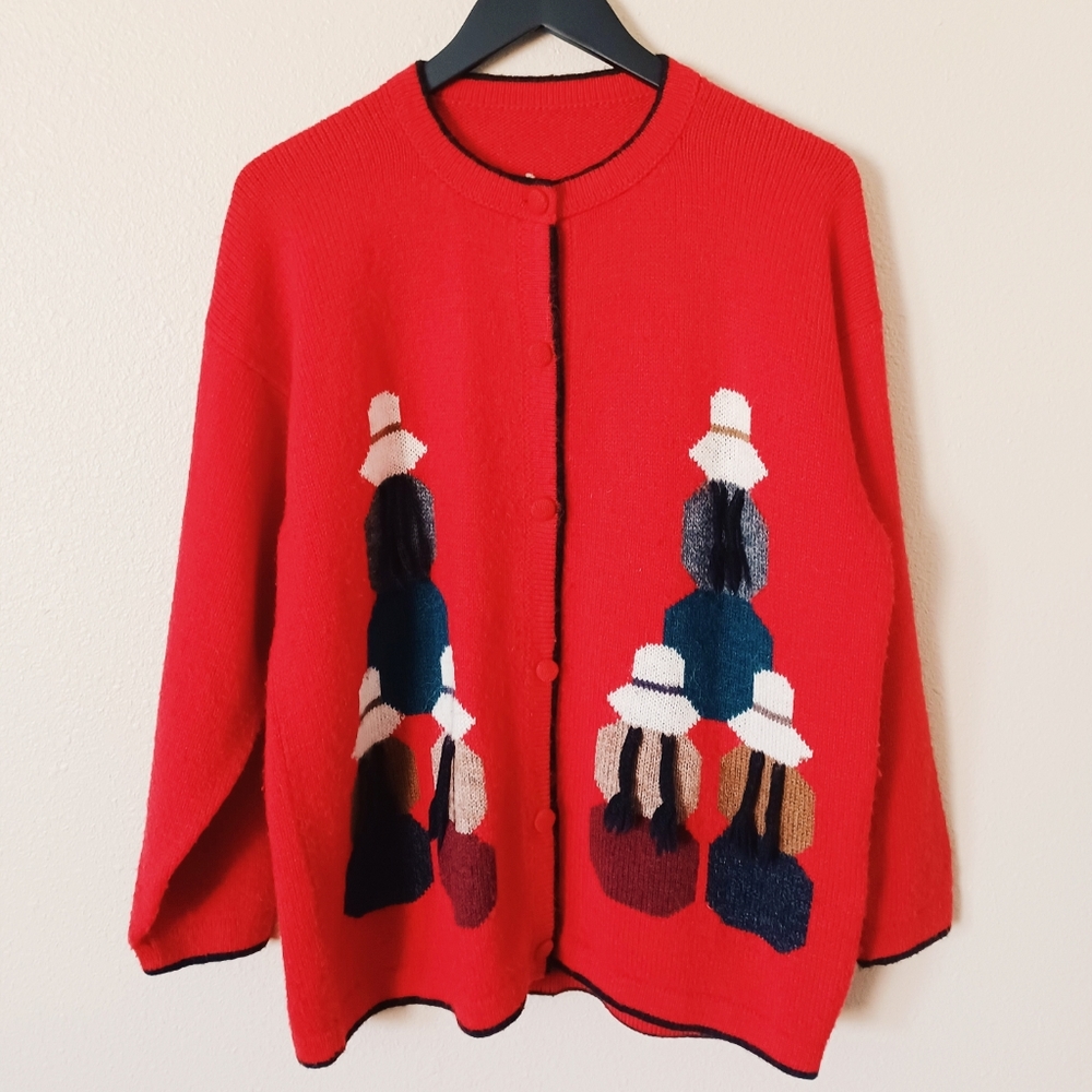 Vintage Retro Homemade Kitsch Cardigan Sweater Red Knit Button Up Printed